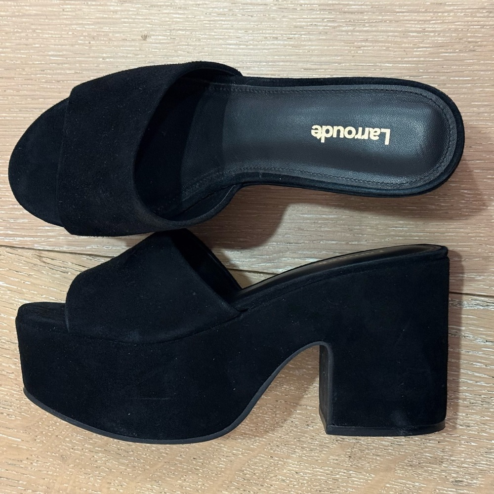 Larroude Black Suede Platform Mule Heels - Picture 5 of 6